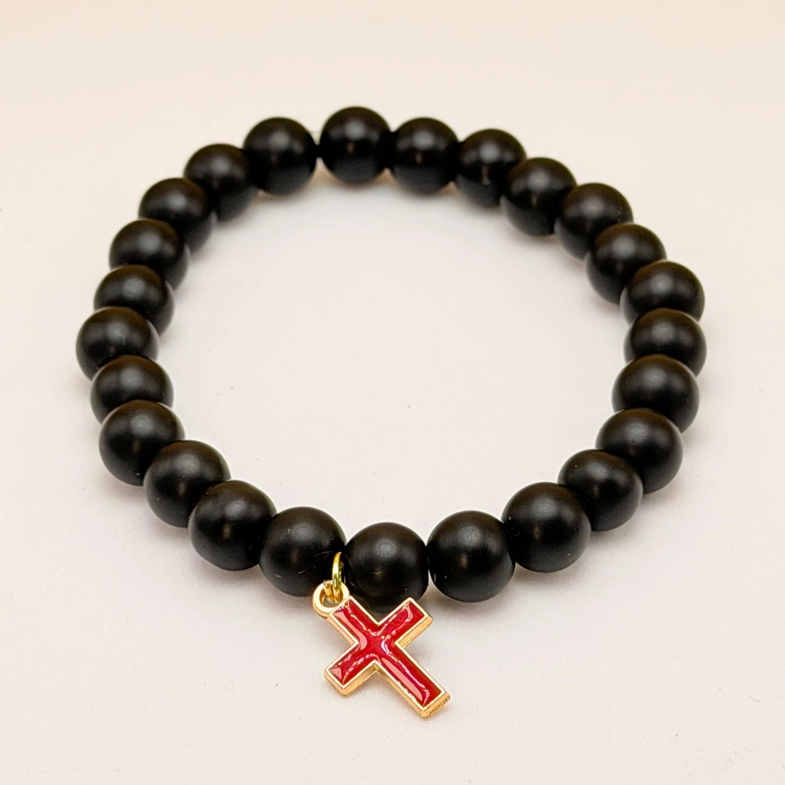 Men's bead Bracelet with Cross Charm — handmade Black jewellery