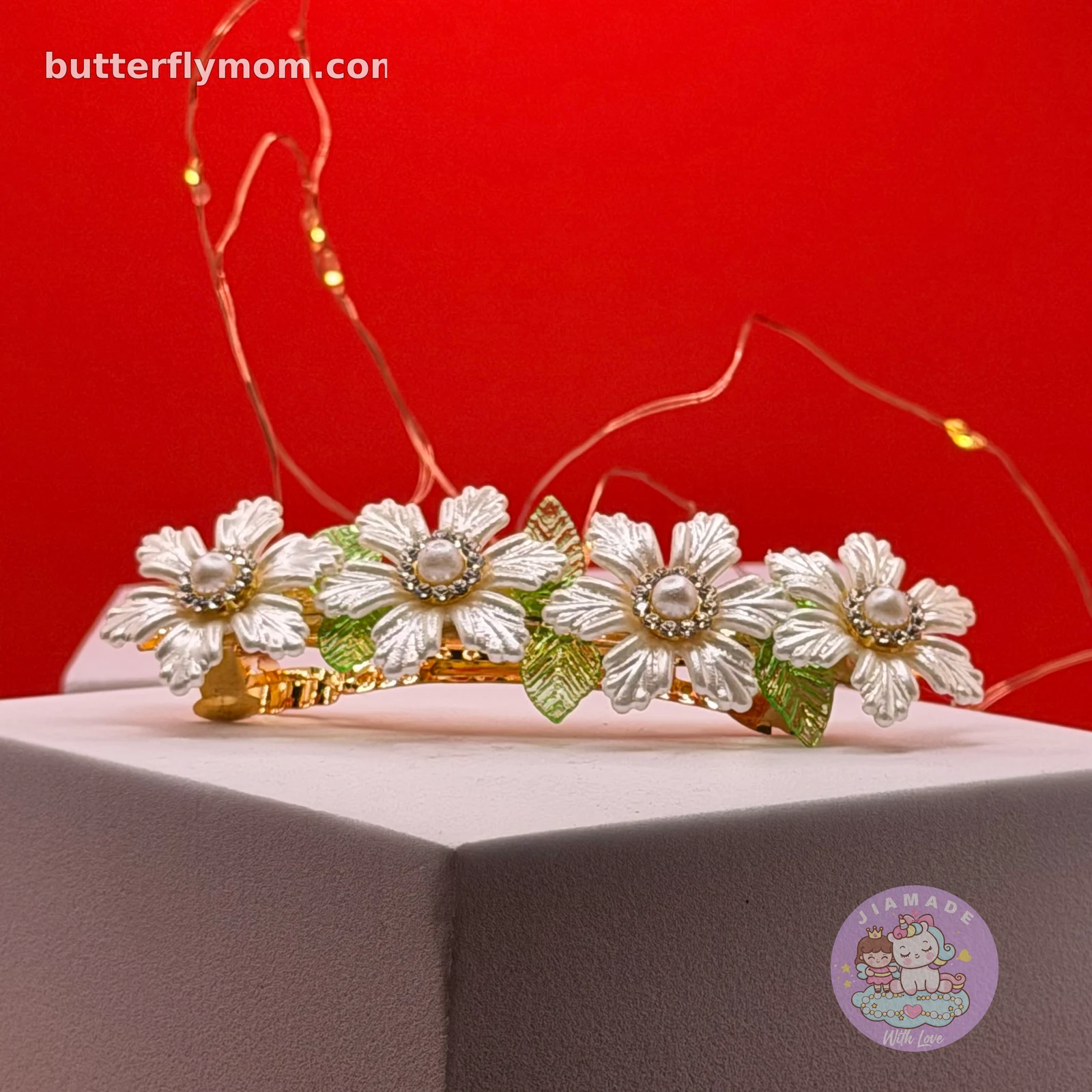 Pearl White Floral Garden Center Hair Clip – Green Leaves & Pearl Rhinestone Accents — handmade Pearl White jewellery