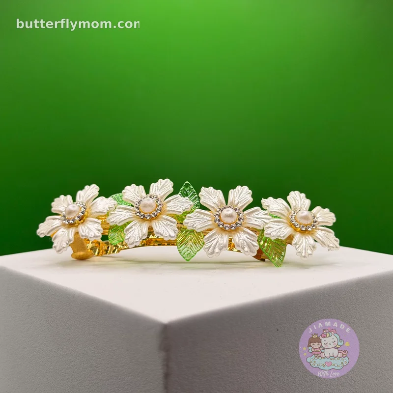 Pearl White Floral Garden Center Hair Clip – Green Leaves & Pearl Rhinestone Accents