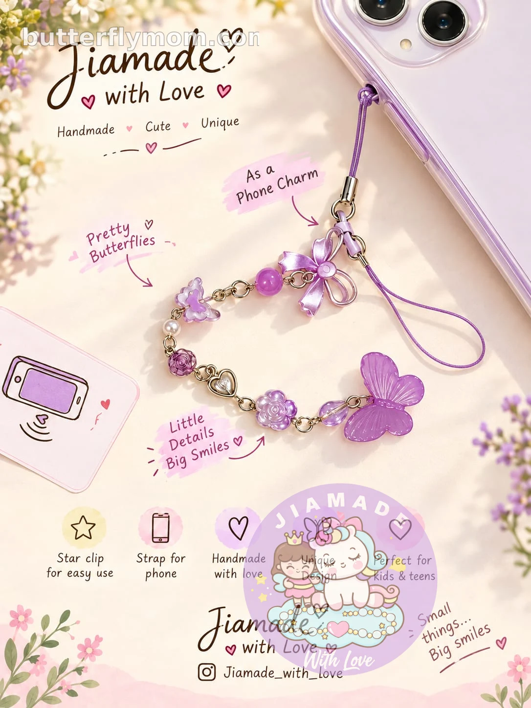 Lavender Butterfly Dreams Phone Charm(long type) — handmade Lavender jewellery